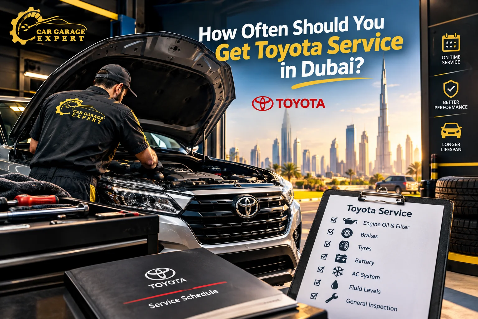 Toyota Service in Dubai with a professional mechanic inspecting a Toyota car at Car Garage Expert.