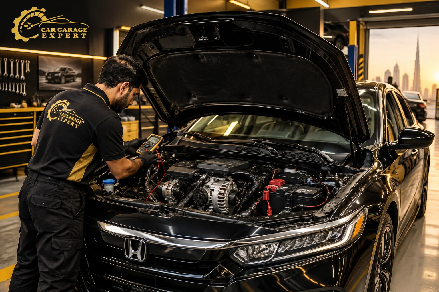 Car Garage Expert technician diagnosing a Honda with Honda alternator failure in a professional Dubai auto repair workshop.