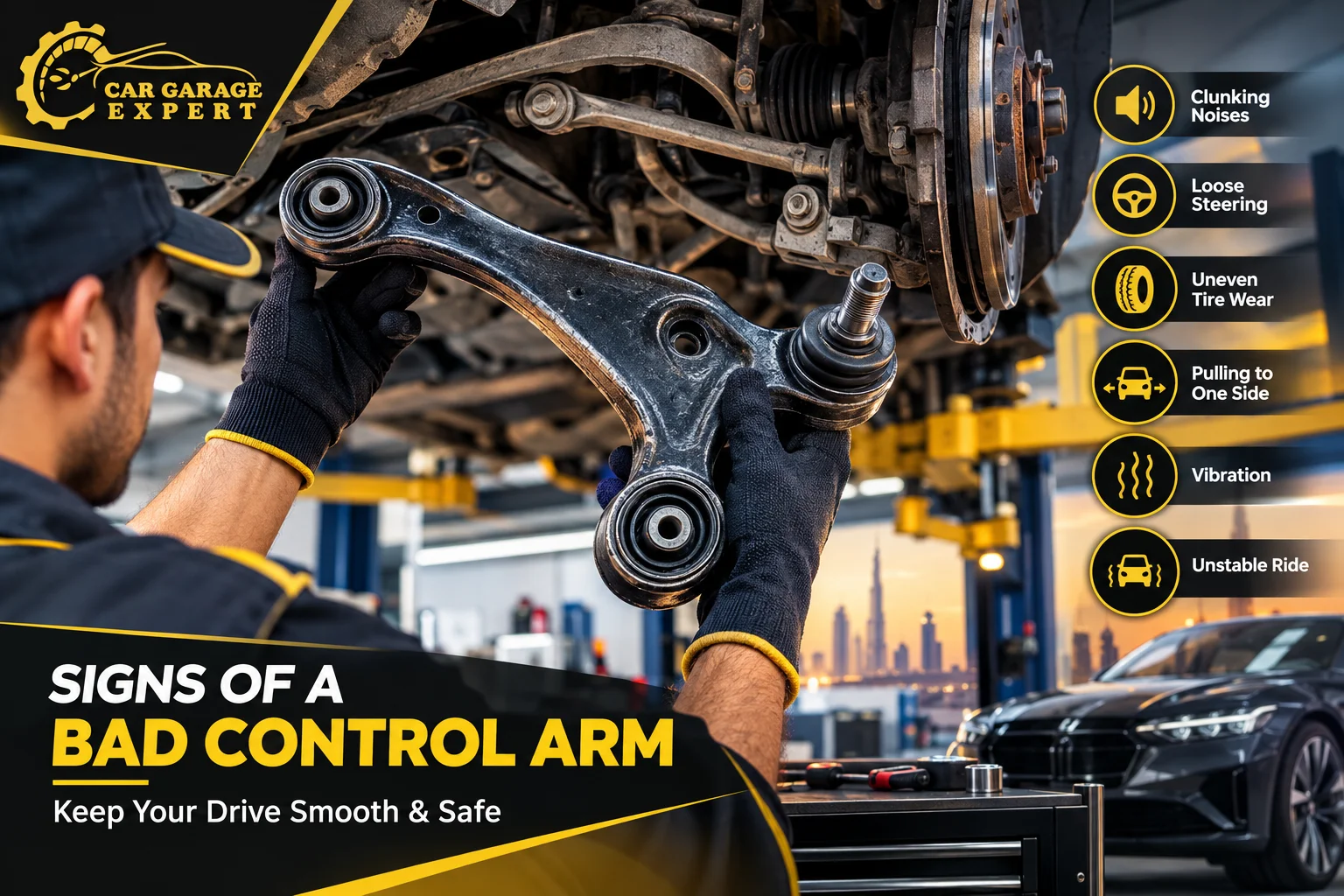 Car Garage Expert mechanic inspecting a Bad Control Arm on a vehicle suspension system in a professional Dubai auto garage.