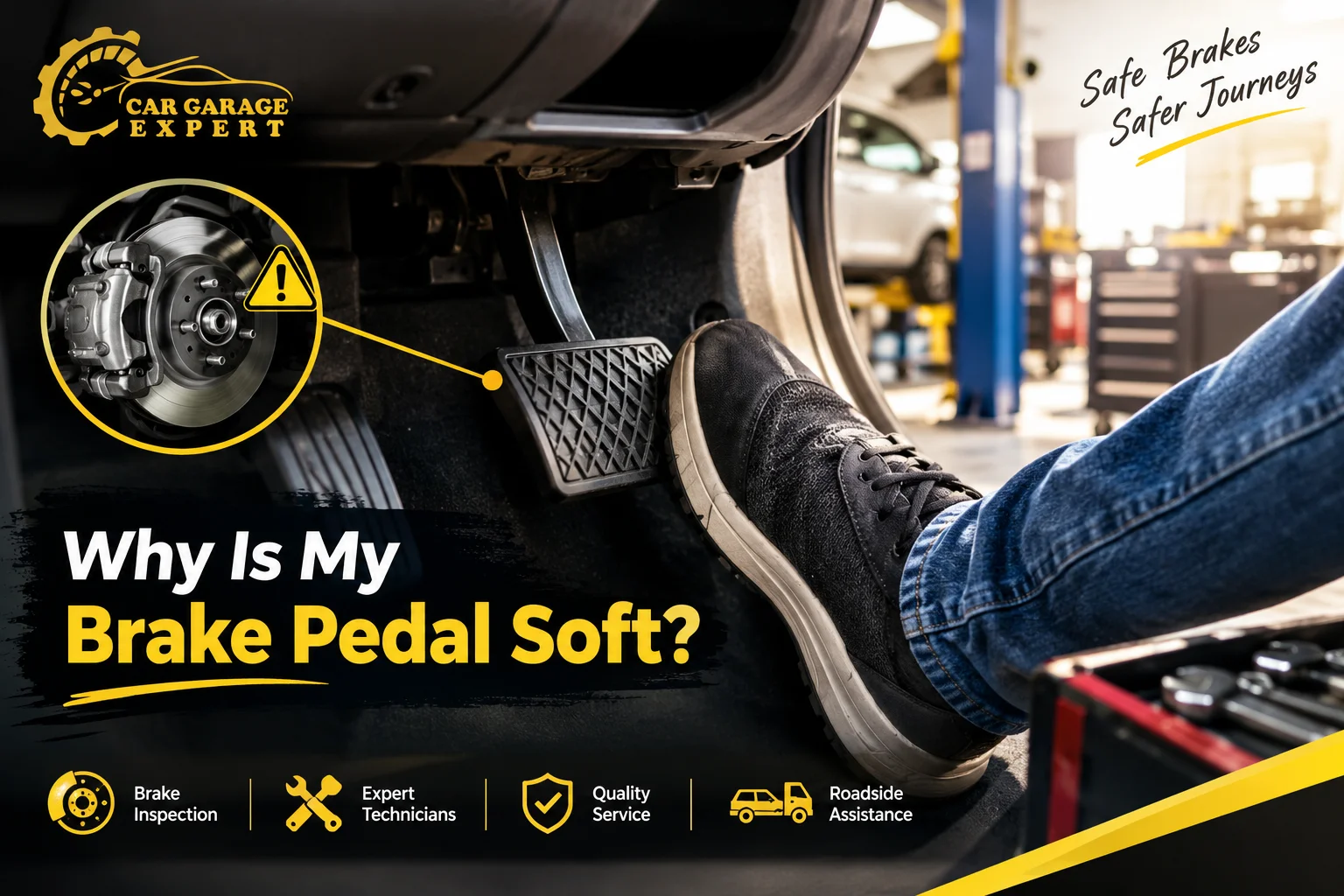 Car Garage Expert brake inspection showing a driver pressing a Brake Pedal Soft in a professional Dubai auto repair garage.