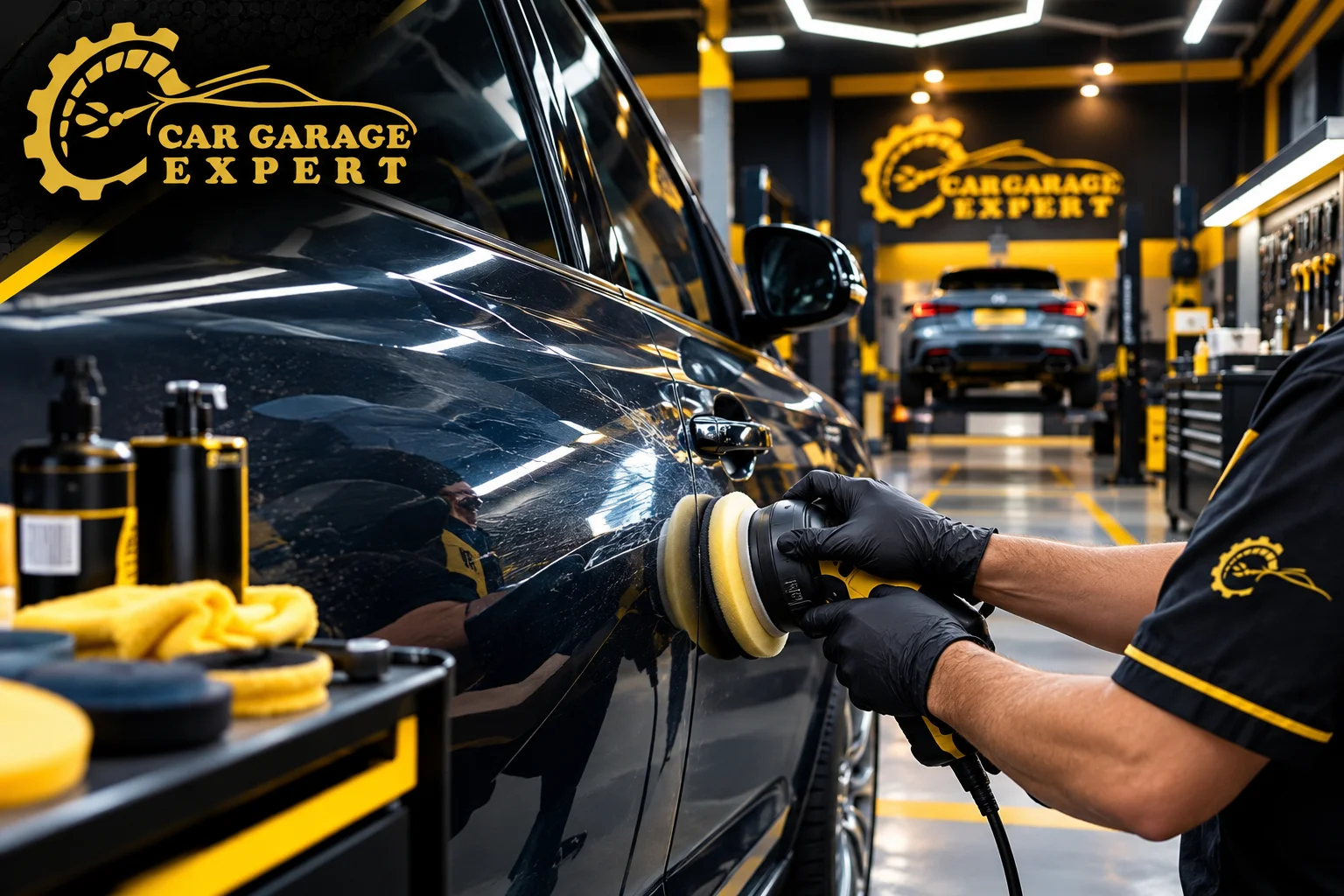 Car scratch repairs in Dubai with a professional technician polishing a vehicle at Car Garage Expert.