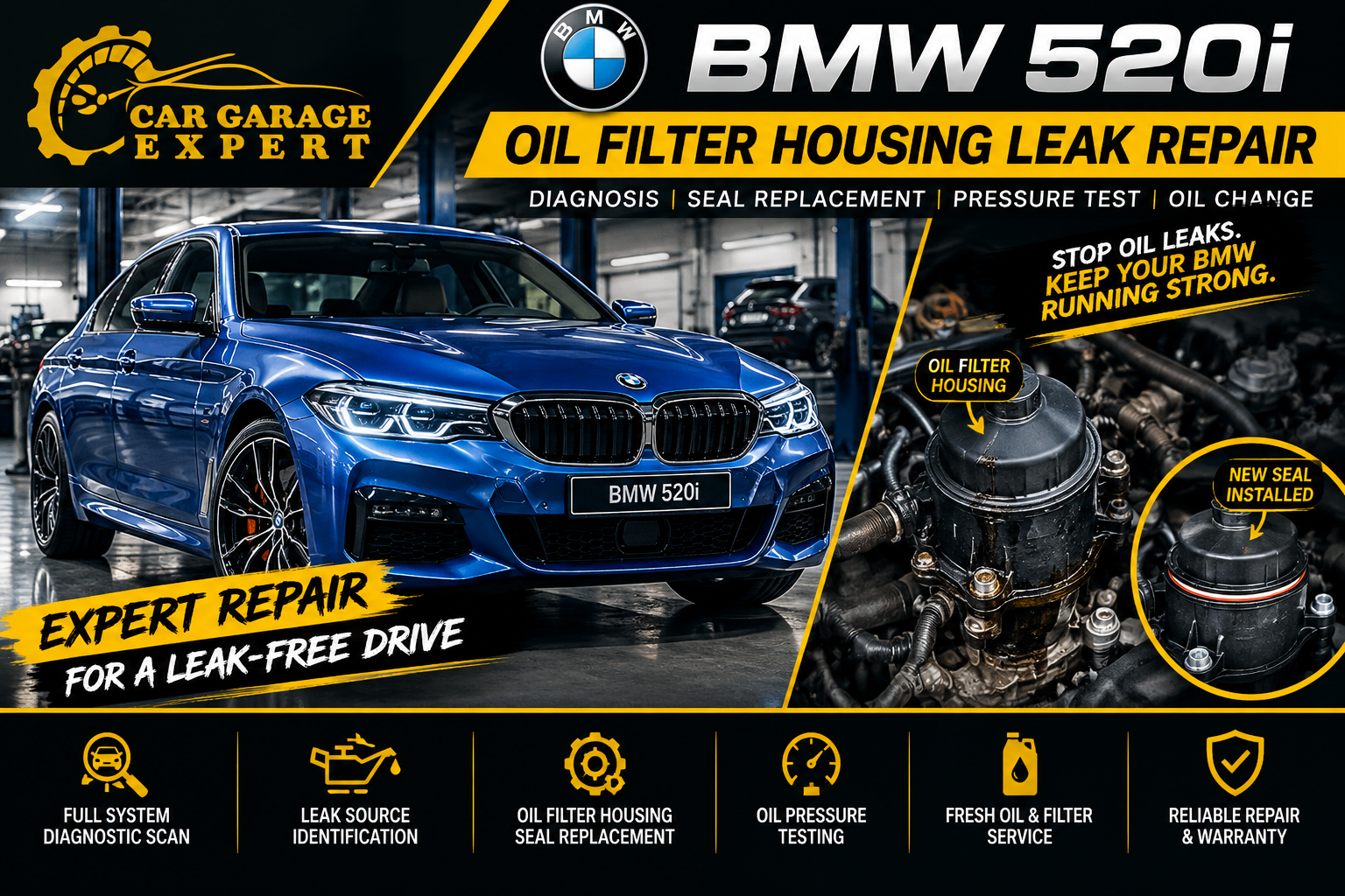 BMW 520i Oil Filter Housing Leak Repair