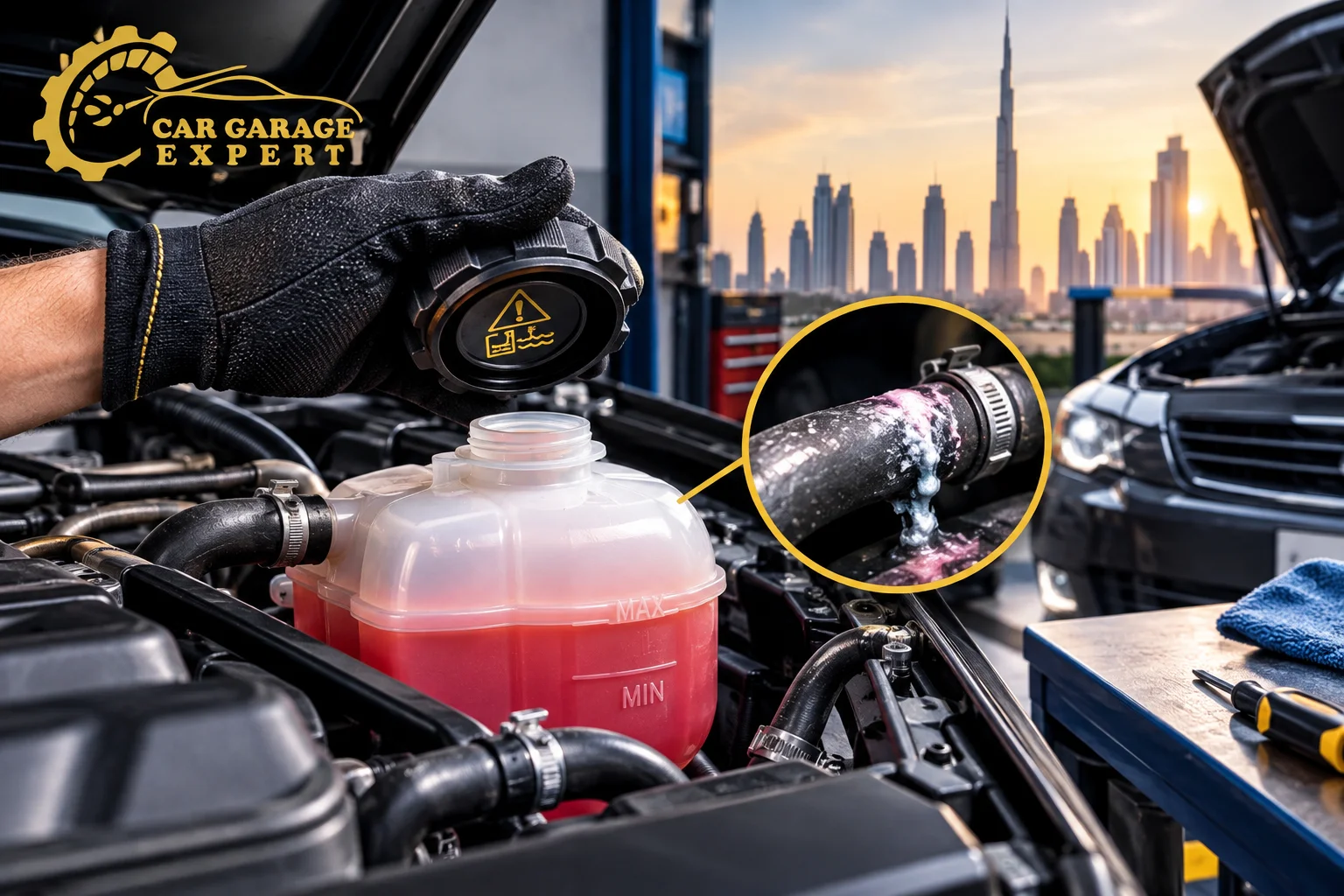 Car Coolant Level Dropping with no visible leak in a car cooling system in Dubai.