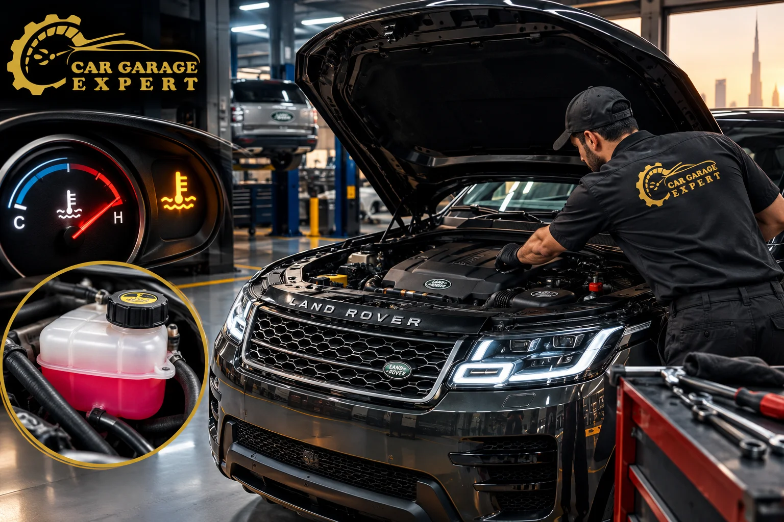 Land Rover engine overheating inspection and cooling system repair at Car Garage Expert in Dubai.