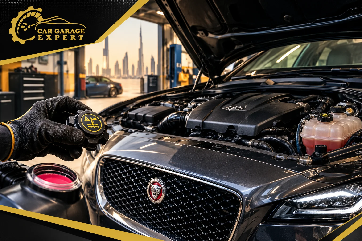 Jaguar XF coolant leak inspection at Car Garage Expert, showing a mechanic checking the cooling system of a luxury car.