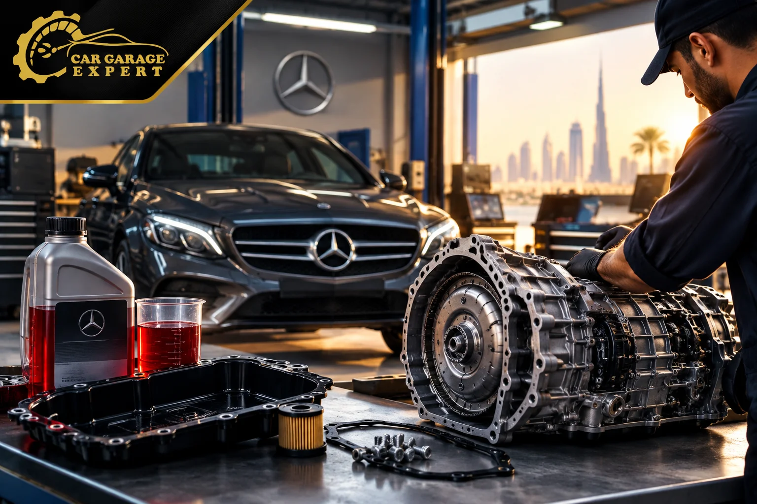 Mercedes Transmission Fluid service in Dubai with gearbox maintenance at Car Garage Expert.