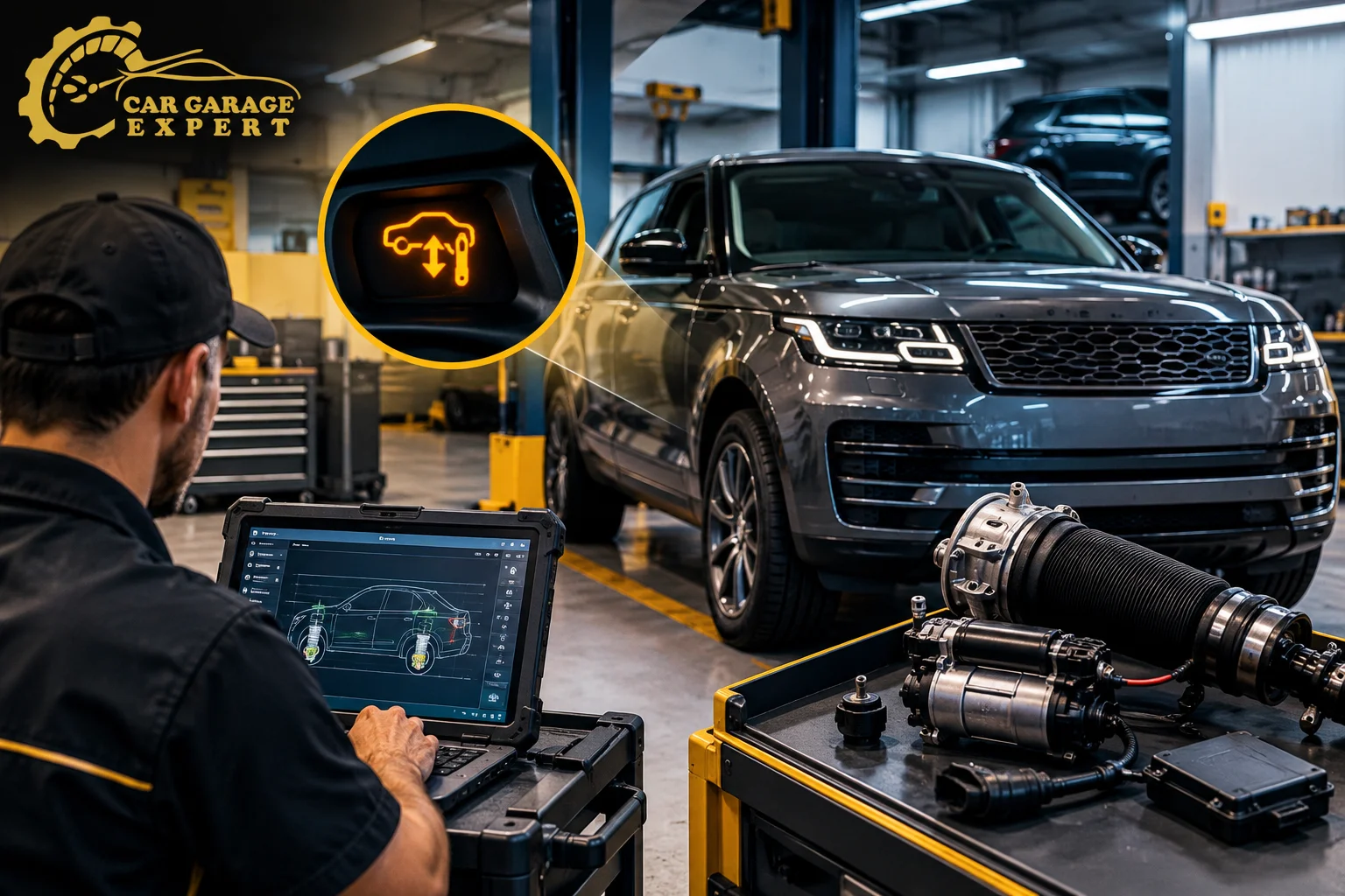 Land Rover suspension fault warning diagnosis and air suspension repair at Car Garage Expert in Dubai.