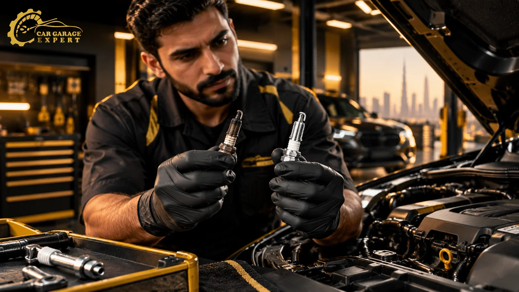 Bad Spark Plugs causing engine misfires during spark plug inspection at Car Garage Expert in Dubai.