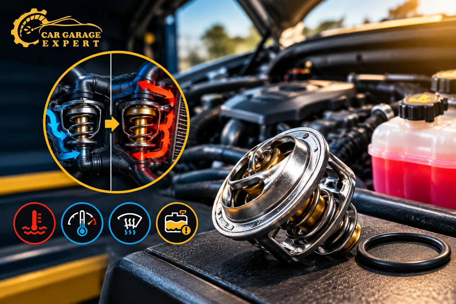 Symptoms of a Bad Thermostat in a car, showing a thermostat component, engine cooling system, and temperature warning indicators by Car Garage Expert.